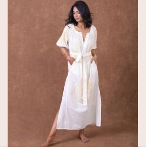 Rhea Handmade Cotton Silk Embroidered Floral Puffed Sleeve Bohemian Casual Midi